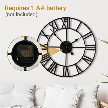 20inch/50cm Large Wall Clocks for Living Room Decor,Modern,Battery Operated,Silent,Non Ticking,Big Black Round Wall Clock for Home,Farmhouse,Office,Decoration(Iron Roman Numerals, 20 inches)