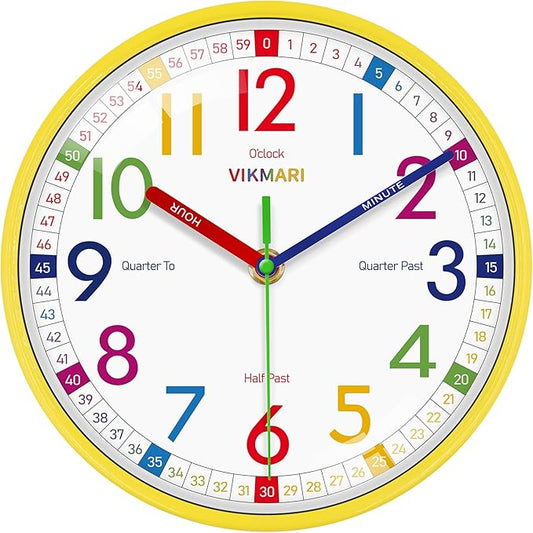 VIKMARI Learning Clock for Kids - Small Silent Non-Ticking Colorful Teaching Clocks Telling The Time for Teaching Time-Decorative Clocks for Kids Room Classroom School Playroom (8 Inch)
