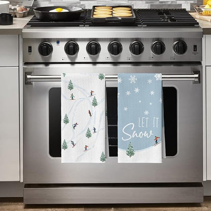Artoid Mode Xmas Tree Snowflakes Cable Car Ski Winter Bar Kitchen Towels, 12x24 Inch Quick Dry Microfiber Cloth Dish Towels for Drying Set of 4