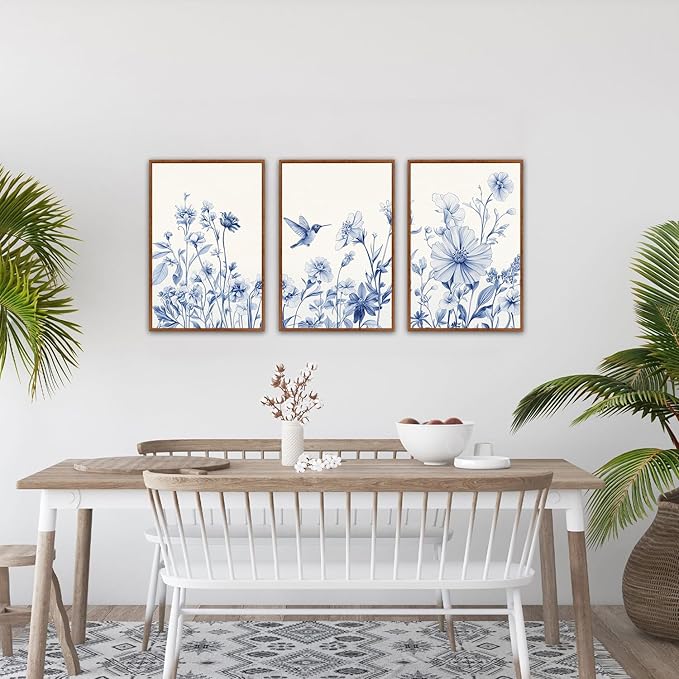 HLNIUC Bule Flower Bird Wall Art Set,Watercolor White&Blue Wildflower Poster,Farmhouse Vintage Blue Bird Blossoms Canvas Painting,Botanical Floral Canvas Art Print for Living Room Bedroom-16 x24 x3
