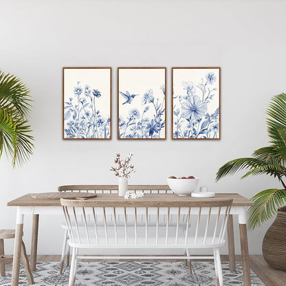 HLNIUC Bule Flower Bird Wall Art Set,Watercolor White&Blue Wildflower Poster,Farmhouse Vintage Blue Bird Blossoms Canvas Painting,Botanical Floral Canvas Art Print for Living Room Bedroom-16 x24 x3