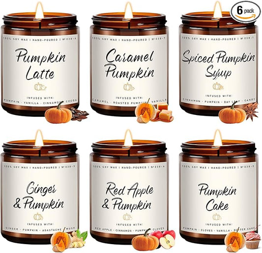 Auelife Scented Candles - Pumpkin Candle Set of 6 | Ginger, Apple, Cake, Caramel, Latte & Spiced Pumpkin Soy Candles | Holiday Candle for Home Décor & Gifts for Women, Cozy Holiday Aromatherapy