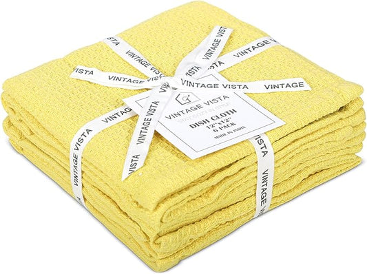 Vintage Vista 100% Cotton Waffle Dish Cloths (Pack of 6) - Dish Rags for Washing Dishes - Reusable & Highly Absorbent Kitchen Towels - Kitchen Rags for Christmas - (12" x 12" - Lemon Yellow)