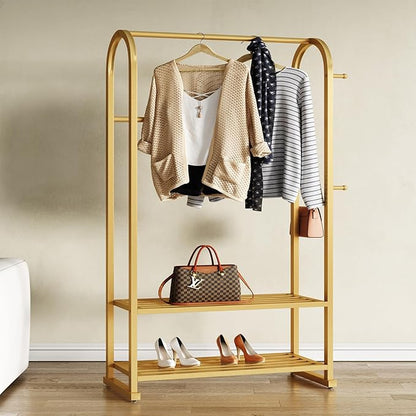 Gold clothing rack,Heavy duty clothes rack with shelves,Metal garment rack for hanging clothes,Wardrobe rack for Boutique, Retail or Home
