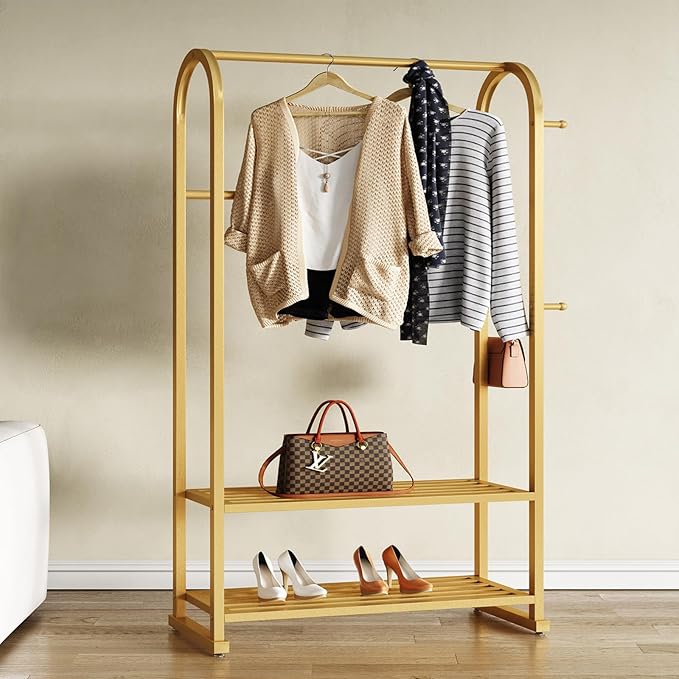 Gold clothing rack,Heavy duty clothes rack with shelves,Metal garment rack for hanging clothes,Wardrobe rack for Boutique, Retail or Home