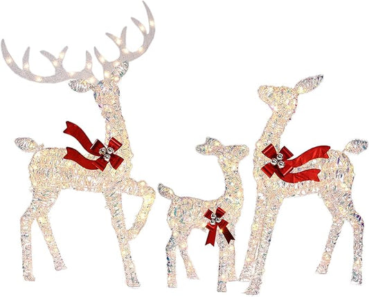 3-Piece Large Lighted Christmas Deer Family Set, Christmas Indoor and Outdoor Decoration with 225 Warm White LED Lights, Ground Pegs, Cable Ties. Suitable for Patio Lawn Garden Party-Colorful