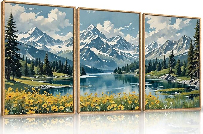 BICERE Large Nature Mountain Wildflower Framed Canvas Wall Art,Pine Tree Woodland Wall Decor,Forest Floral Lake Wall Painting,Watercolor Scenery Artwork for Living Room,Bedroom,Dining Room,Office -24"x36"x3