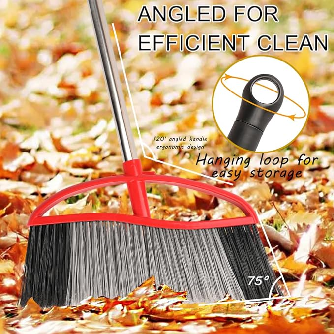 Outdoor Heavy Duty Broom, 15.7" All-Terrain Sweeper Featuring a Wide Angle Broom Design, Long Handle & Powerful Stiff Bristles for Patio, Garden, Garage, Yard (Red)