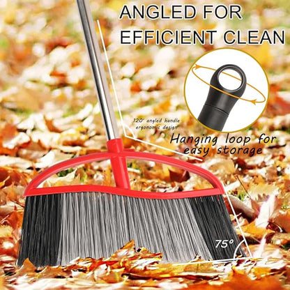 Outdoor Heavy Duty Broom, 15.7" All-Terrain Sweeper Featuring a Wide Angle Broom Design, Long Handle & Powerful Stiff Bristles for Patio, Garden, Garage, Yard (Red)