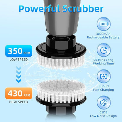 Gray Electric Spin Scrubber, Cordless Spin Scrubber with 8 Replaceable Brush Heads, Electric Scrub Brush with Adjustable Extension Handle, Electric Cleaning Brush for Bathroom, Tile and Bathtub