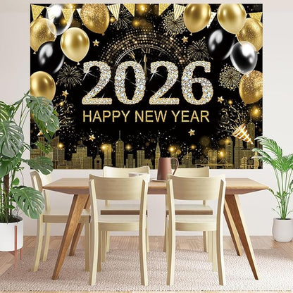 Gold 2026 Happy New Year Backdrop 7x5ft with Firework Balloon Decorations Photography Background New Year Eve Party Photo Studio Props