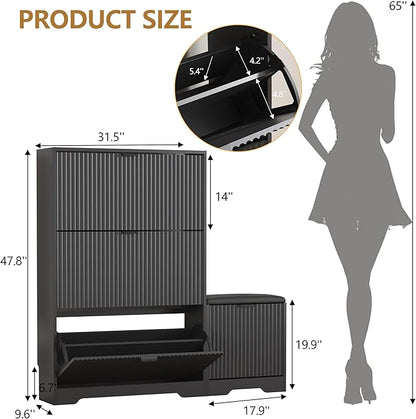 Shoe Cabinet Storage for Entryway with 4 Flip Drawers, Black Fluted Shoe Cabinet with Bench, Wooden Hidden Shoe Rack Freestanding Narrow Slim Shoes Storage Organizer for Hallway, Entrance