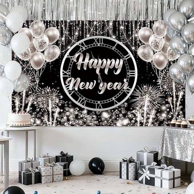 MEHOFOND Happy New Year Backdrop 2026 New Year Party Decorations Banner Black and Sliver Happy New Year's Eve Banner Sliver Balloons Glitter New Years Backdrop 6x3.6ft