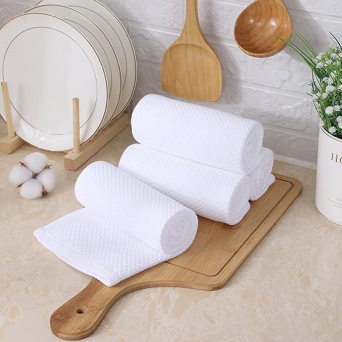 Kitinjoy 100% Cotton Waffle Weave Kitchen Towels, 6-Pack Super Soft and Absorbent Dish Towels for Drying Dishes, Kitchen Hand Towels, 13 in x 28 in, White