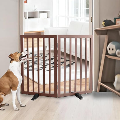 Dog Gate Indoor, Freestanding Dog Fence for The House, Doorways, Hallways,or Stairs,Pet Gate Foldable Wooden,Expandable 32" Height 2 Panels,Brown