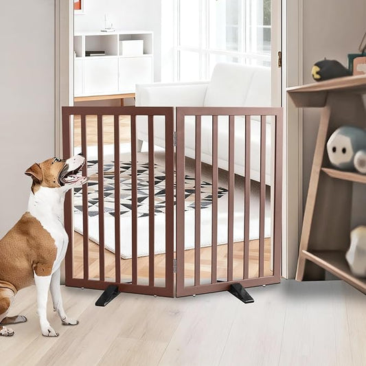 Dog Gate Indoor, Freestanding Dog Fence for The House, Doorways, Hallways,or Stairs,Pet Gate Foldable Wooden,Expandable 32" Height 2 Panels,Brown