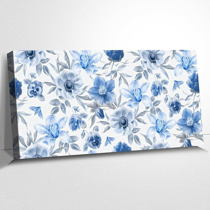 CanvasGarden Floral Canvas Wall Art, Soft Blue Floral with Silver Tones Watercolor Poster Serene Botanical Soft Flower Home Decor, Framed Prints for Living Room Bedroom Office Decor, 32x16Inch