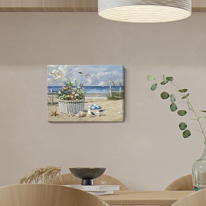 ARTZON Beach Wall Art Decor – Coastal Blue Ocean Seascape Canvas Print, Birds Seagulls Tropical Flowers Modern Landscape Picture for Bathroom or Bedroom Relaxing Summer Sea Scene Artwork 16x12 inch