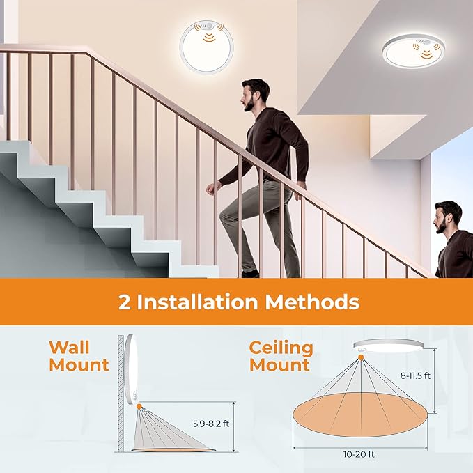 BLNAN Motion Sensor Ceiling Light Wired, 8.7 Inch 3000K 4000K 5000K Selectable LED Flush Mount Light Fixture, Motion Activated Light with Timer for Hallway Stair Walk-in Closet, Non-Dimmable 2 Pack