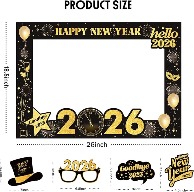 New Years Eve Party Supplies 2026 - Deluxe NYE Photo Booth Props Kit with Giant Glitter Photo Frame, 2026 Glasses (Pack of 20)