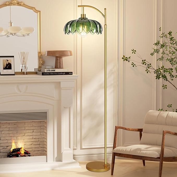 Gold Floor Lamp for Living Room,Bedroom,Mid Century Modern Standing Lamp with Remote,Dimmable Brass Tall Lamp Green Glass Lamp Vintage Retro Arc Floor Lamps Flower Floor Light Boho Bohemian