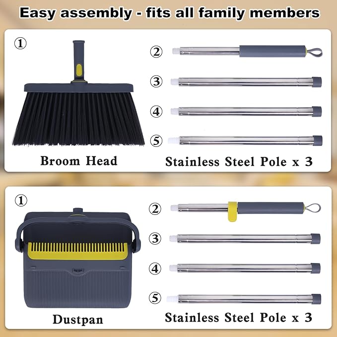 Upgrade Broom with Dustpan Combo Set Heavy Duty, Ergonomic Adjustable Handle, Cleaning Teeth, Ideal for Pets, Indoor and Outdoor Sweeping（Gray）