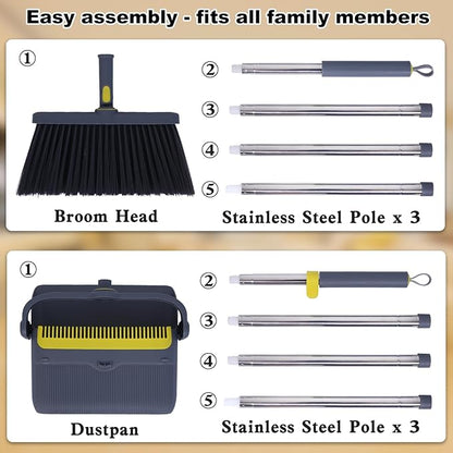 Upgrade Broom with Dustpan Combo Set Heavy Duty, Ergonomic Adjustable Handle, Cleaning Teeth, Ideal for Pets, Indoor and Outdoor Sweeping（Gray）