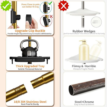 Upgrade Sturdy Shower Caddy Tension Pole Black and Gold Corner Shower Caddy 18/8 Stainless Steel Rustproof 4 Tier Adjustable Shelves for Bathtub Shampoo Accessories Storage Rack 32-122inch
