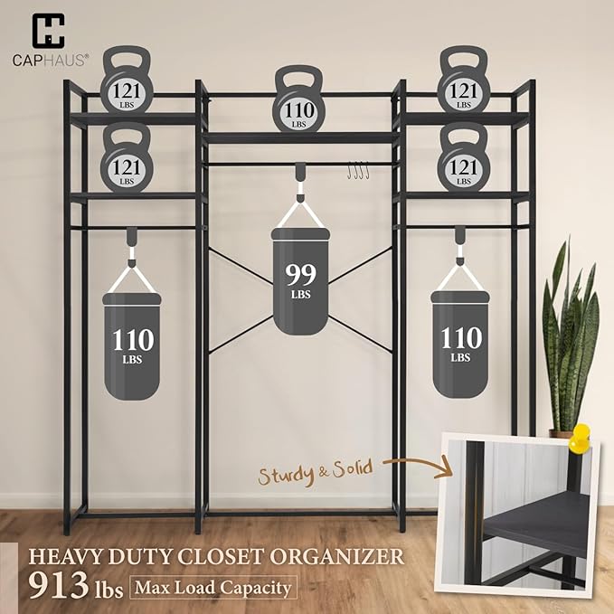 CAPHAUS 913lbs Capacity Garment Rack for Hanging Clothes, Heavy Duty Open Wardrobe w/Hanging Rods, Free Standing Closet Organizer, Clothing Rack, Metal Closet w/Wooden Boards, Black Vintage Board