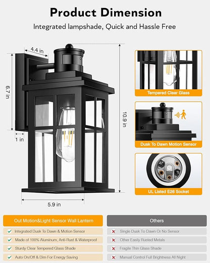 Motion Sensor Outdoor Lights, 2 Pack Outside Light Fixture Dusk to Dawn, Black Outdoor Motion Sensor Light, Anti-Rust Exterior Light Fixture for House, Garage, Doorway, Porch, 100% Aluminum