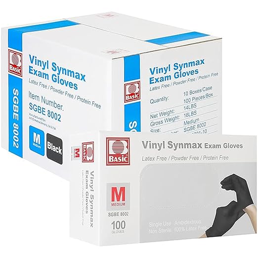 Jointown Disposable Medical Synmax Vinyl Exam Gloves- 4 mil Safty Glove 1000pcs - Latex-Free & Powder-Free - SGBE 8002, Medium (Case of 1000, Black)