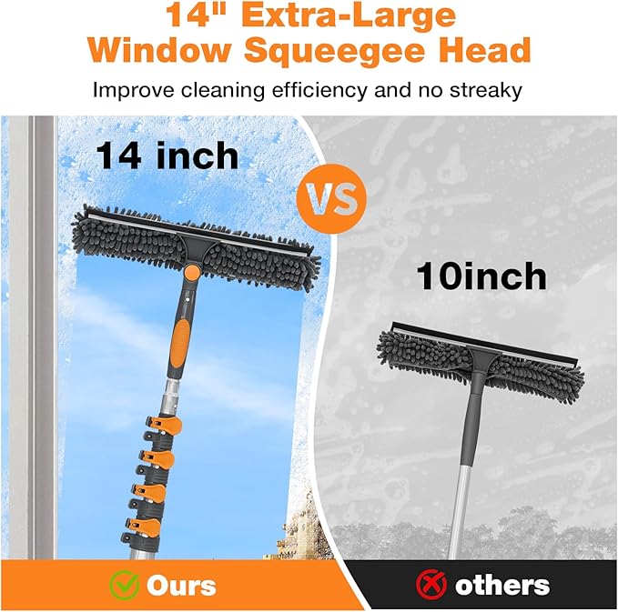 19Ft Window Squeegee with Extension Poles, 2-in-1 Window Cleaning Kit with Telescopic Pole, Extra-Large 14" Window Squeegee, Window Cleaner Tool with Adjustable Head, for High Window, Glass, RV