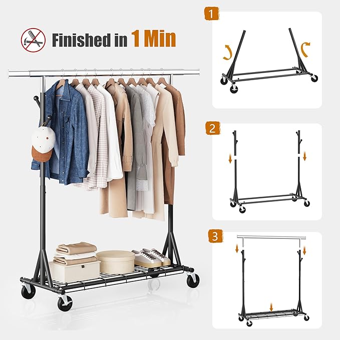 Heavy Duty Clothes Rack Load 530 LBS Metal Garment Clothing Rack Hang 200 pieces of clothing on Wheels Collapsible Rolling Portable & Adjustable with Hook for Hanging Clothes Black