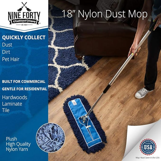 Nine Forty 18" Premium Nylon Dust Mop- Heavy Duty Mop Head for Industrial, Commercial, and Residential Cleaning - Dry Floor Duster for Hardwood Surfaces and Commercial Applications - Blue