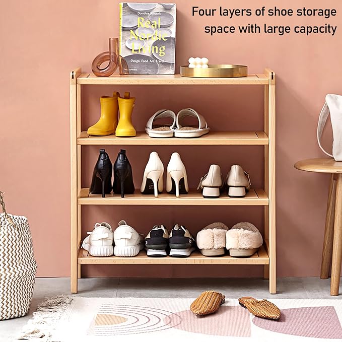 4 Tier Solid Wood Shoe Rack, Free Standing Shoe Rack for Entryway, Hallway, Closet, Living Room, Beech Wood, 11.02" x 25.6" x 27.56", Natural