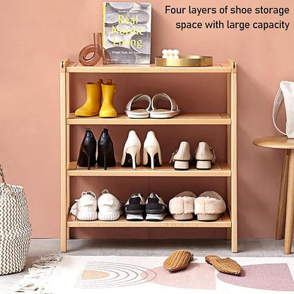 4 Tier Solid Wood Shoe Rack, Free Standing Shoe Rack for Entryway, Hallway, Closet, Living Room, Beech Wood, 11.02" x 25.6" x 27.56", Natural