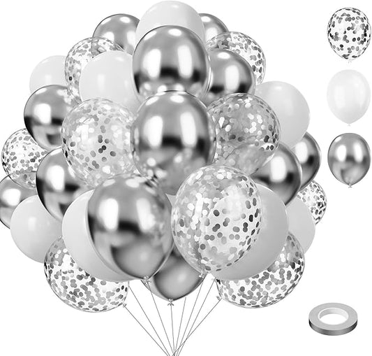 White and Silver Balloons,75PCS 12in and 5in Silver and White Latex Balloons for Birthday, Wedding, New Years Party, Graduation