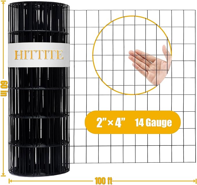 Black PVC Coated Welded Wire Fencing, 60in High x 100ft Long, 2 inch x 4 inch 14GA 2/3/4/5/6 Ft Tall Welded Wire Fence Rolls, Black Metal Garden Fence Wire Roll Garden Fencing for Yard