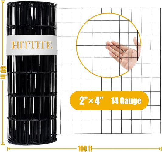 Black PVC Coated Welded Wire Fencing, 60in High x 100ft Long, 2 inch x 4 inch 14GA 2/3/4/5/6 Ft Tall Welded Wire Fence Rolls, Black Metal Garden Fence Wire Roll Garden Fencing for Yard