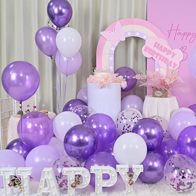 Balloon Purple and White, 60 Packs 12 Inch Dark Purple Light Purple Metallic Chrome Purple Confetti Balloons Set for Girls Women Wedding Birthday Baby Shower Bridal Shower Bachelorette Decorations