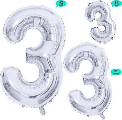 GOER Silver Foil Balloons Number 3,Huge Number Balloons for 3rd 33rd Birthday Party Supplies Anniversary Decorations(3 pcs,42 inch,32 inc,16inch)