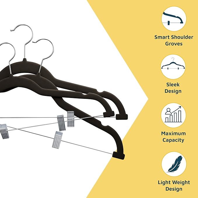 Velvet Skirt Hangers – with Adjustable Clips, 360 Degree Swivel Hook, and Non-Slip Shoulder Notch, Holds Up to 10 lbs, for Organizing Skirt, Pants, Dress, and Clothes, Pack of 10, Brown