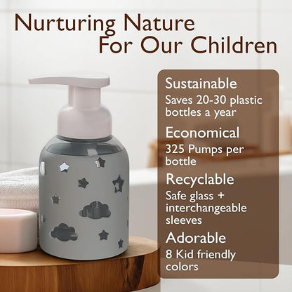 SoCal Suds & Company Glass Foaming Hand Soap Dispenser, Soft Grip Silicone Sleeve, Refillable Pump Bottle for Kids, Baby Wash & Shampoo, Ideal for Home Use, Light Grey 8oz