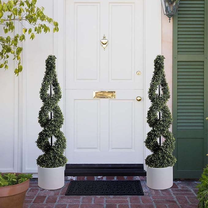 46Inch Double Spiral Artificial Boxwood Topiary Tree 4" Plants Fake Faux Plant Decor in Plastic Pot Green Indoor or Outdoor, Set of 2