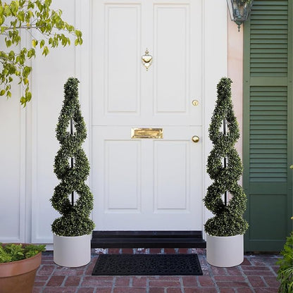 46Inch Double Spiral Artificial Boxwood Topiary Tree 4" Plants Fake Faux Plant Decor in Plastic Pot Green Indoor or Outdoor, Set of 2