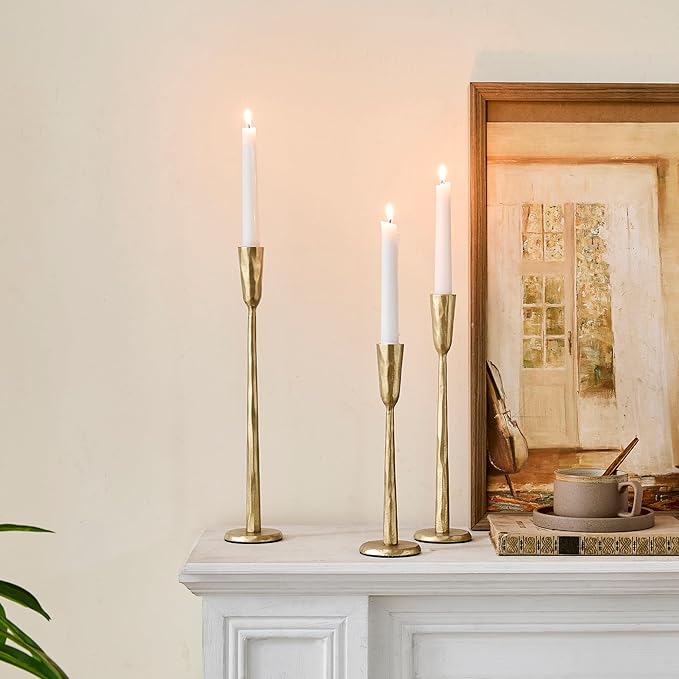 Cast Iron Taper Candle Holder Set of 3, Vintage Candlestick Holders Decorative Candle Stand, Tapered Candle Holders Tall Set for Wedding, Holiday, Home Decor, Christmas Decoration (Gold)