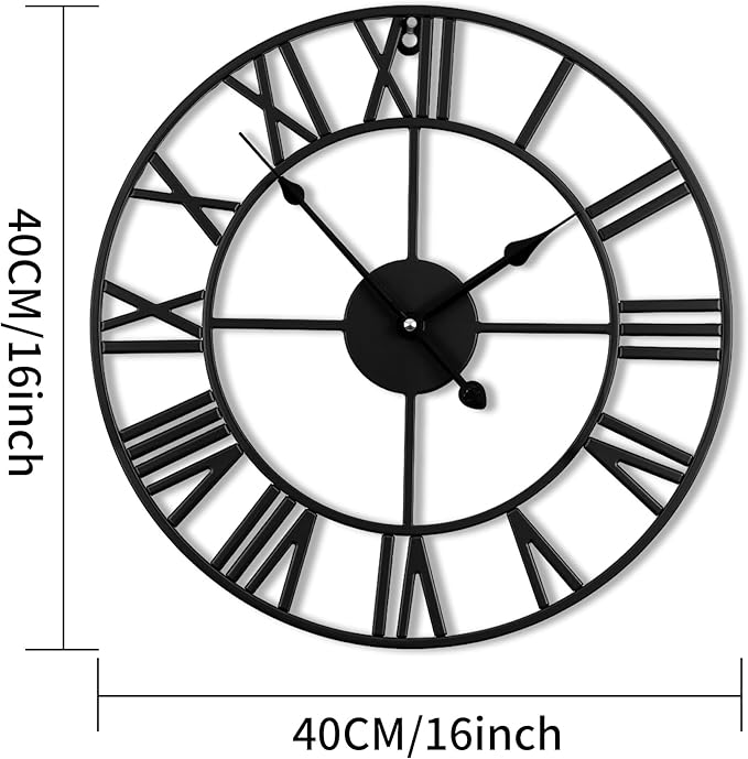 16inch/40cm Wall Clocks Battery Operated,Wall Clocks for Living Room Decor, Bedroom,Office,Bathroom,Silent,Large Wall Clock for Home and Kitchen,Farmhouse (Iron Roman Numerals, 16 inches)