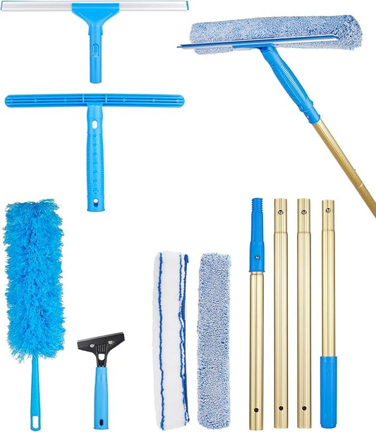 2 in 1 Window Squeegee Cleaning Kit with Aluminum Alloy Extension Poles, Scrubber, Glass Scrapper, Bendable Duster,2 Scrubber Cloth for Window, Car, Floor, Home, Garden