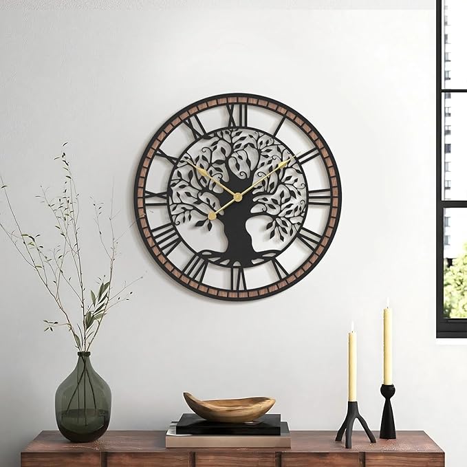 Micasso Non-Ticking Large Wall Clock: 18Inch Tree of Life Metal Black with Solid Wood Frame - Battery Operated Silent Clock for Living Room/Office/Bedroom/Kitchen - Home Decor for Vintage Style