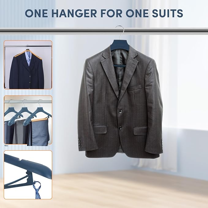 Suit Hangers for Men 50 Pack, Blue Coat Hangers Extra Wide Non Slip Width 17.7", Thick Plastic with Pants Bar & Metal Hook